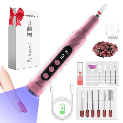 Portable Cordless Electric Nail Drill Kit with UV Lamp - 0-20000RPM, LED Display, 12 Bits(Grey).