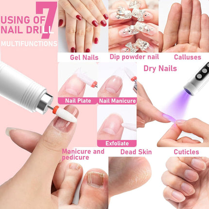 Portable Cordless Electric Nail Drill Kit with UV Lamp - 0-20000RPM, LED Display, 12 Bits(Grey).