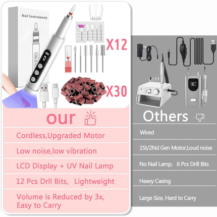 Portable Cordless Electric Nail Drill Kit with UV Lamp - 0-20000RPM, LED Display, 12 Bits(Grey).