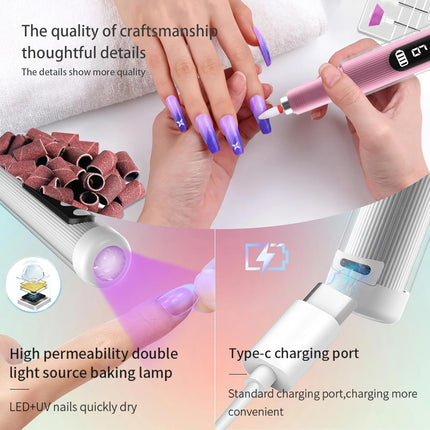 Portable Cordless Electric Nail Drill Kit with UV Lamp - 0-20000RPM, LED Display, 12 Bits(Pink).