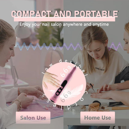 Portable Cordless Electric Nail Drill Kit with UV Lamp - 0-20000RPM, LED Display, 12 Bits(Pink).