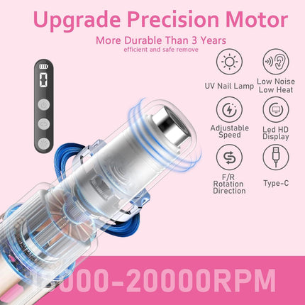 Portable Cordless Electric Nail Drill Kit with UV Lamp - 0-20000RPM, LED Display, 12 Bits(Pink).