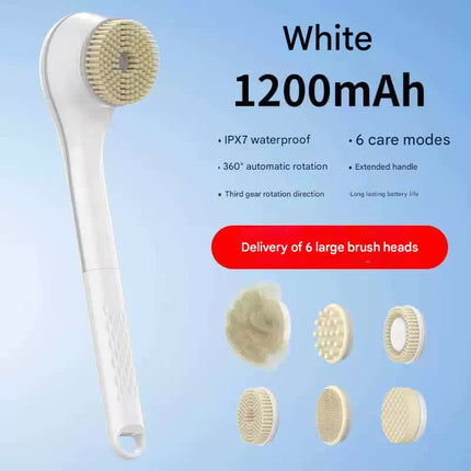 Rechargeable Electric Body Brush & Back Scrubber - 6 Heads, IPX7 Waterproof(white).