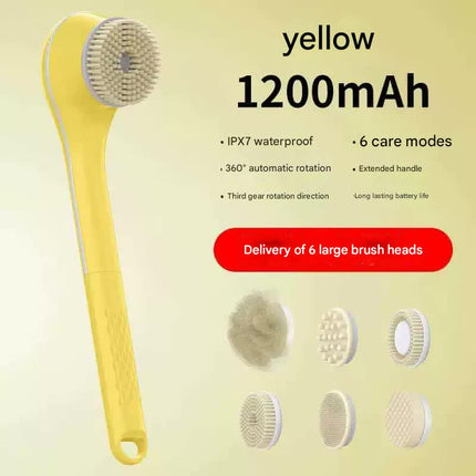 Rechargeable Electric Body Brush & Back Scrubber - 6 Heads, IPX7 Waterproof(Yellow).