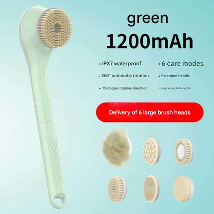 Rechargeable Electric Body Brush & Back Scrubber - 6 Heads, IPX7 Waterproof(Green).