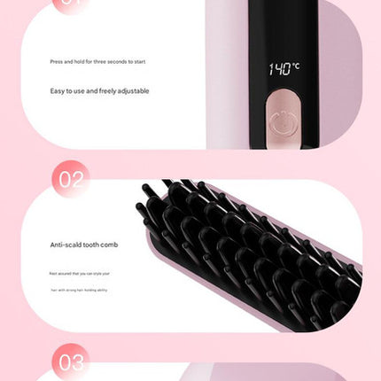 Cordless Hair Straightener Brush - 4000mAh USB-C Rechargeable, 4 Temps, Anti-Scald 3D Comb Design(white).