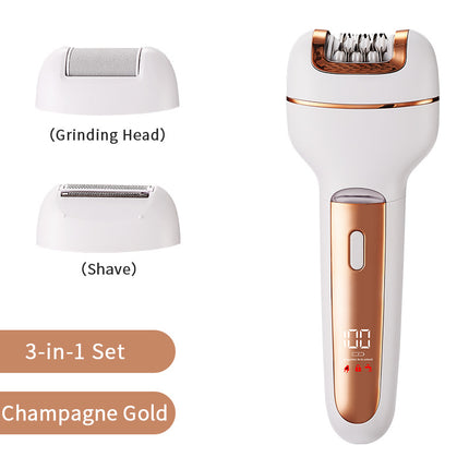 3-in-1 Ladies Electric Epilator, Shaver & Callus Remover with LED Display - Rechargeable & Waterproof(Gold).
