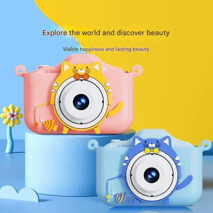 Digital Camera with Cute Cat Silicone Case - Dual Lens, 96MP, HD Screen & Music Playback(blue).