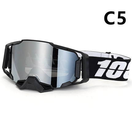 Professional Motocross & Ski Goggles - HiPER Lens, TPU Frame(Black frame with white belt and silver lens).