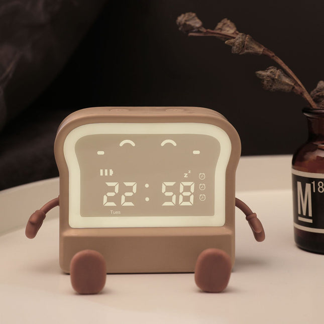 Adorable Toast-Shaped Digital Alarm Clock with Night Light & Phone Stand - Multifunctional Kids Clock(brown).