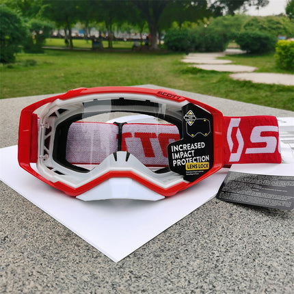 Performance Motocross & Off-Road Goggles - Increased Impact Protection with Lens Lock System(White and red frame transparent piece).