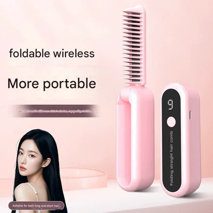 Foldable Wireless Hair Straightener Comb - 9 Temperature Settings, Anti-Scald, USB-C Rechargeable(yellow).