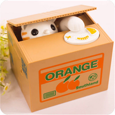 Adorable Cat Stealing Coin Piggy Bank - Automatic Money Saving Box for Kids & Adults(Orange and white cat).