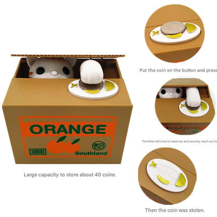 Adorable Cat Stealing Coin Piggy Bank - Automatic Money Saving Box for Kids & Adults(Orange and white cat).