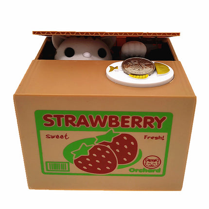 Adorable Cat Stealing Coin Piggy Bank - Automatic Money Saving Box for Kids & Adults(Strawberry white cat).