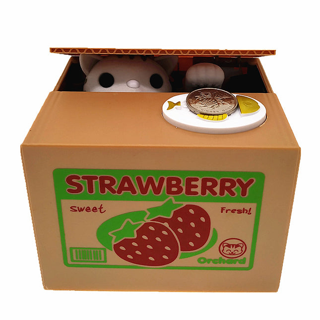 Adorable Cat Stealing Coin Piggy Bank - Automatic Money Saving Box for Kids & Adults(Strawberry white cat).