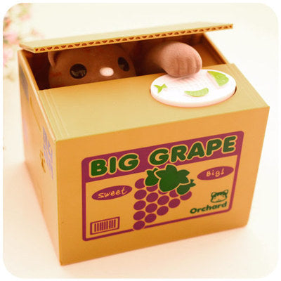 Adorable Cat Stealing Coin Piggy Bank - Automatic Money Saving Box for Kids & Adults(Grape gray cat).