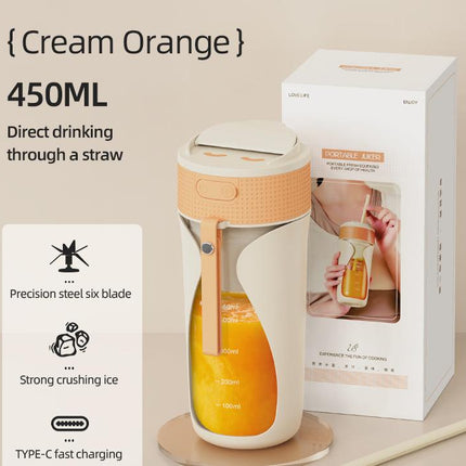 Portable Wireless Juicing Cup - 450ml, 6-Blade Ice Crusher, USB-C Fast Charging Smoothie Blender(orange).