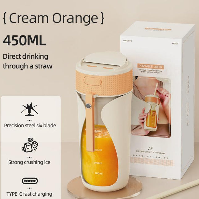 Portable Wireless Juicing Cup - 450ml, 6-Blade Ice Crusher, USB-C Fast Charging Smoothie Blender(orange).