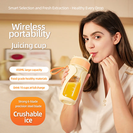 Portable Wireless Juicing Cup - 450ml, 6-Blade Ice Crusher, USB-C Fast Charging Smoothie Blender(orange).