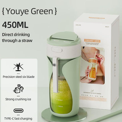 Portable Wireless Juicing Cup - 450ml, 6-Blade Ice Crusher, USB-C Fast Charging Smoothie Blender(green).