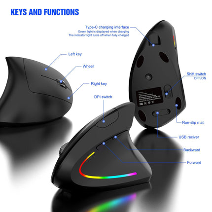 Ergonomic Vertical Wireless Mouse - 2.4G/Bluetooth, Rechargeable, RGB Light, 4 DPI Levels(pink).