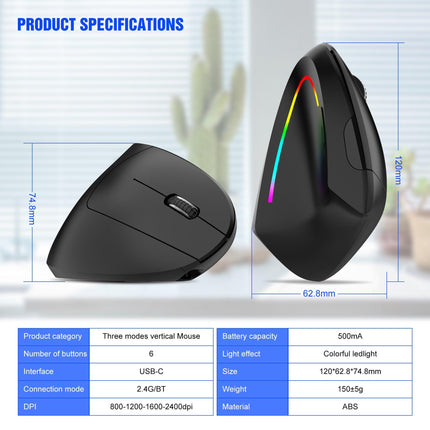 Ergonomic Vertical Wireless Mouse - 2.4G/Bluetooth, Rechargeable, RGB Light, 4 DPI Levels(black).