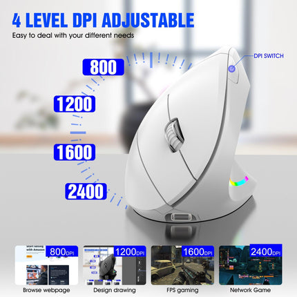 Ergonomic Vertical Wireless Mouse - 2.4G/Bluetooth, Rechargeable, RGB Light, 4 DPI Levels(grey).