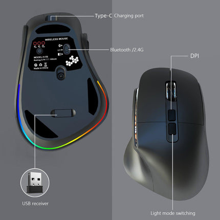 Ergonomic Vertical Wireless Mouse - Dual Mode (2.4G + Bluetooth), RGB Light, Rechargeable 500mAh Battery(Blue).