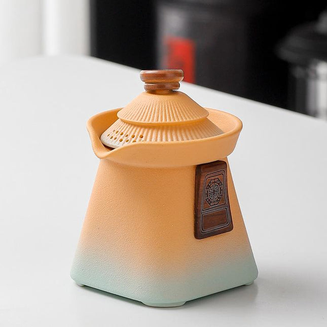 Artisan Ceramic Tea Pot with Built-in Strainer - 280ml, Gradient Finish & Wooden Accents(Yellow+cyan).