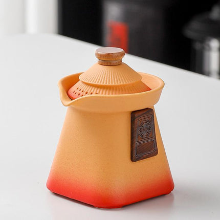 Artisan Ceramic Tea Pot with Built-in Strainer - 280ml, Gradient Finish & Wooden Accents(Yellow+red).