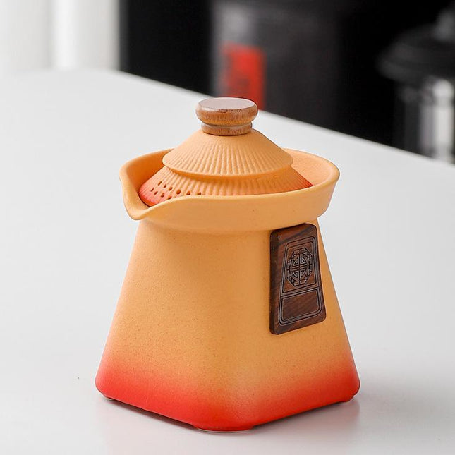 Artisan Ceramic Tea Pot with Built-in Strainer - 280ml, Gradient Finish & Wooden Accents(Yellow+red).
