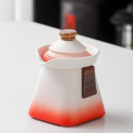 Artisan Ceramic Tea Pot with Built-in Strainer - 280ml, Gradient Finish & Wooden Accents(White+red).
