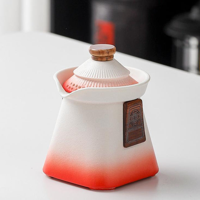Artisan Ceramic Tea Pot with Built-in Strainer - 280ml, Gradient Finish & Wooden Accents(White+red).