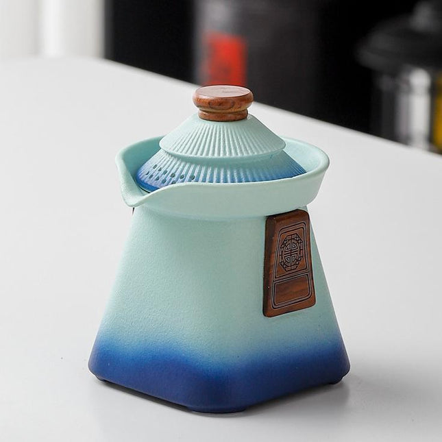 Artisan Ceramic Tea Pot with Built-in Strainer - 280ml, Gradient Finish & Wooden Accents(Blue+green).