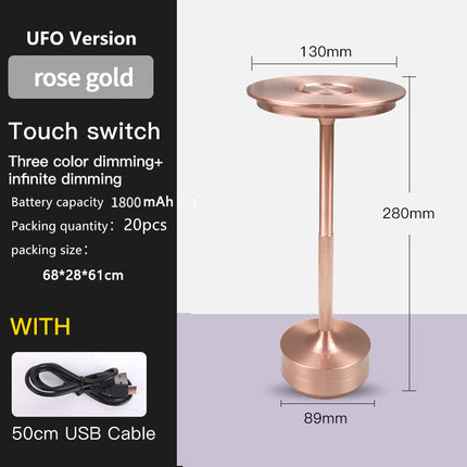 UFO Version LED Desk Lamp - Rose Gold Touch Switch with Dimming and USB Cable.