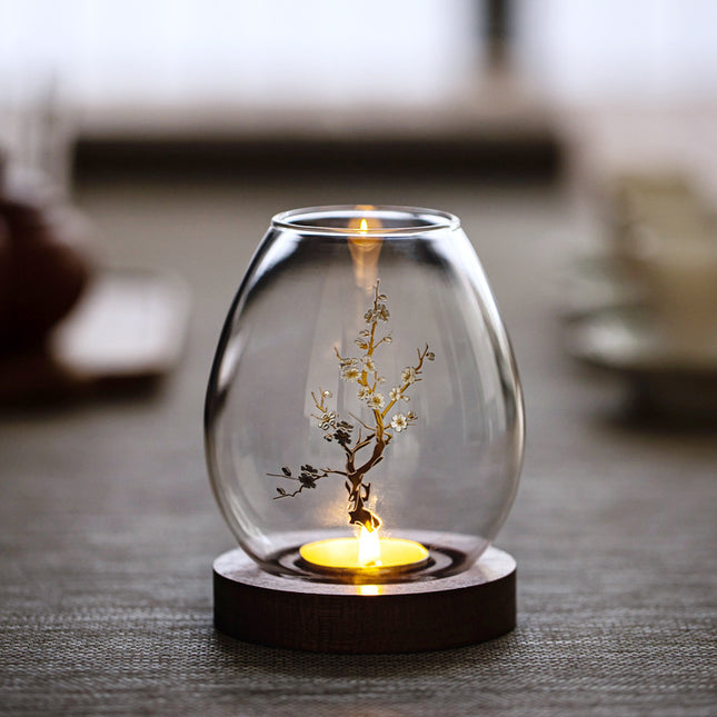 Windproof Glass Candle Cover with Wood Base - For Tealights, Zen Home Accent (Plum blossom candlestick).