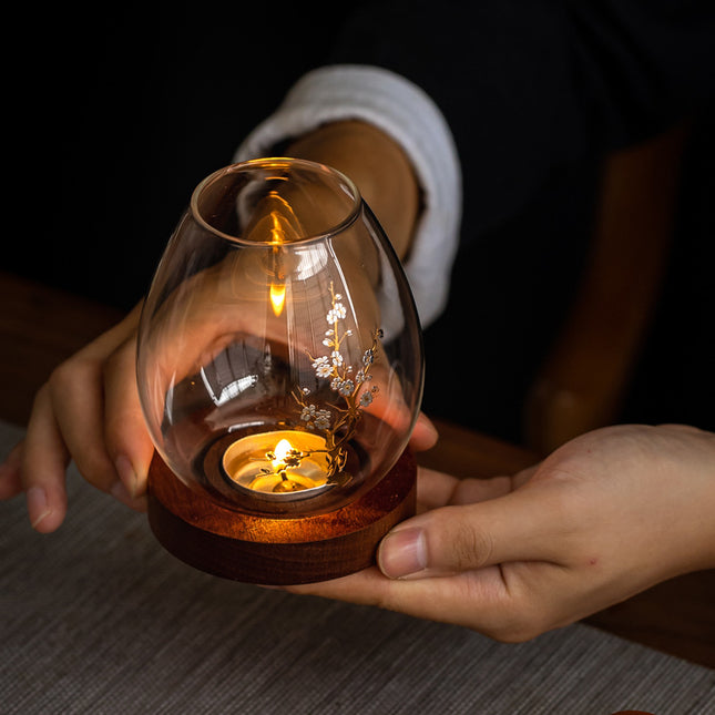 Windproof Glass Candle Cover with Wood Base - For Tealights, Zen Home Accent (Plum blossom candlestick).
