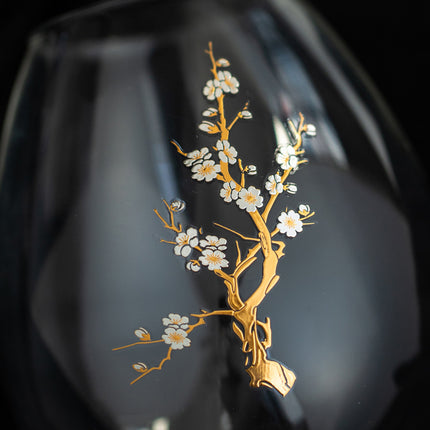 Windproof Glass Candle Cover with Wood Base - For Tealights, Zen Home Accent (Plum blossom candlestick).