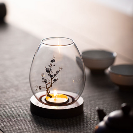 Windproof Glass Candle Cover with Wood Base - For Tealights, Zen Home Accent (Plum blossom candlestick).