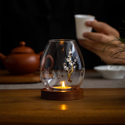 Windproof Glass Candle Cover with Wood Base - For Tealights, Zen Home Accent (Plum blossom candlestick).