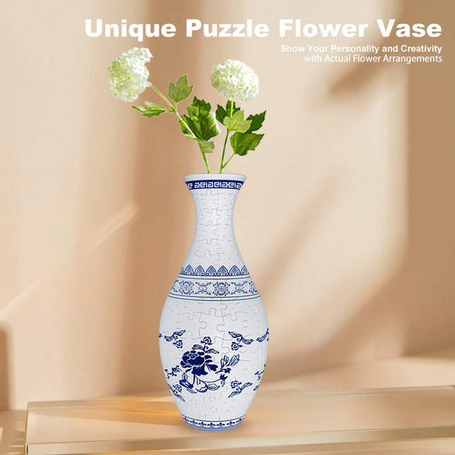 Unique 3D Puzzle Vase with Built-in Water Holder - Fun DIY Project (Blue and White).