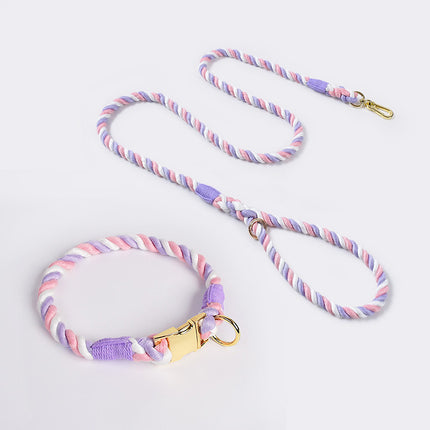 Handmade Rope Dog Collar and Leash Set - Colorful Woven Cotton Cotton (Pink purple - Size L).