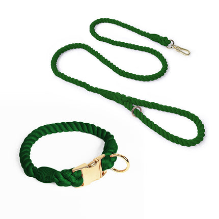 Handmade Rope Dog Collar and Leash Set - Colorful Woven Cotton (Dark green - Size XL).