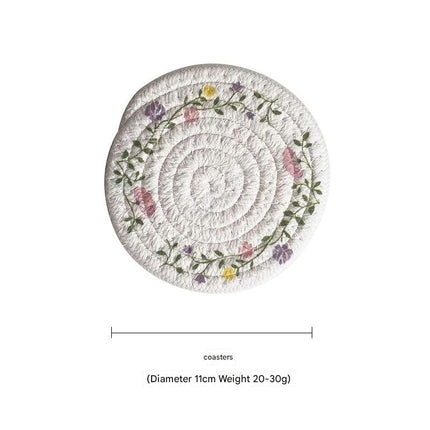 (Flowers) Cotton Rope Woven Placemats - Set of 5, 11cm Diameter Heat Resistant Kitchen Decor.