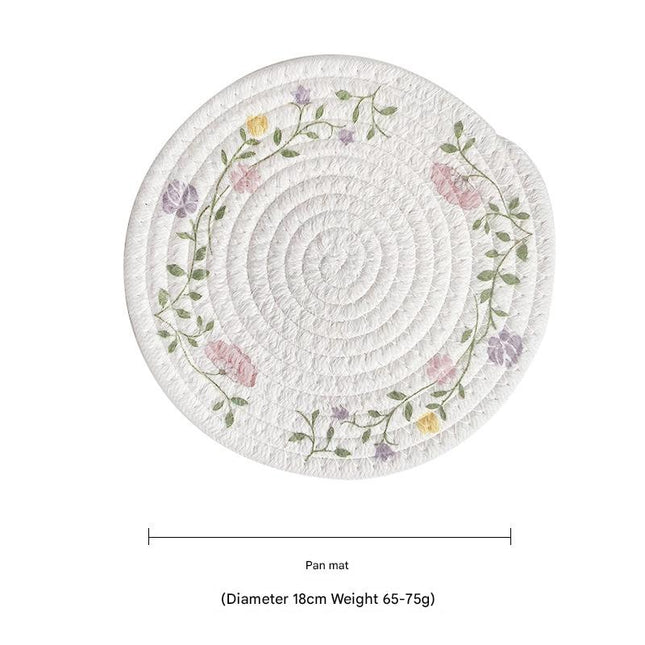 (Flowers) Cotton Rope Woven Placemats - Set of 5, 18cm Diameter Heat Resistant Kitchen Decor.