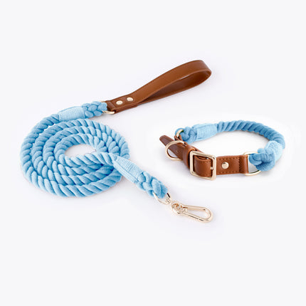Premium Leather Pet Collar and Leash - Soft, Strong Braided Rope (Sky blue - Size M).