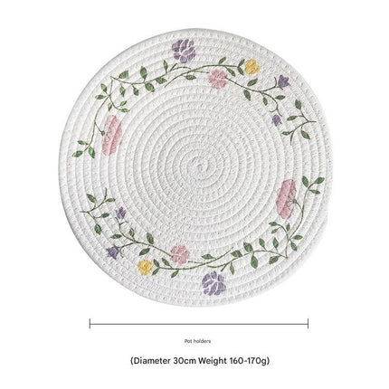 (Flowers) Cotton Rope Woven Placemats - Set of 3, 30cm Diameter Heat Resistant Kitchen Decor.