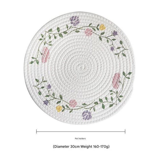(Flowers) Cotton Rope Woven Placemats - Set of 3, 30cm Diameter Heat Resistant Kitchen Decor.