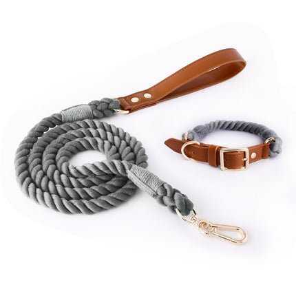 Premium Leather Pet Collar and Leash - Soft, Strong Braided Rope (Dark gray - Size L).